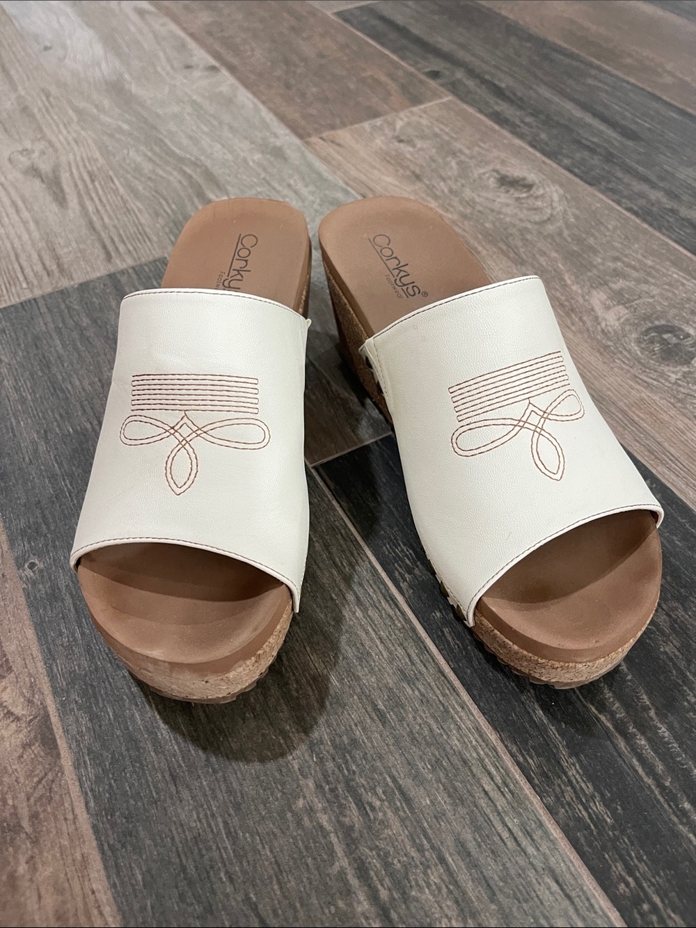 Corkys Cream Slide Wedge with Embroidered Detail